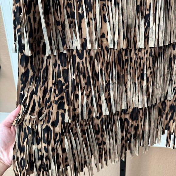 Chicos Size L Fringe Tassel Skirt Animal Print Brown Bachelorette Party Event - Picture 2 of 7